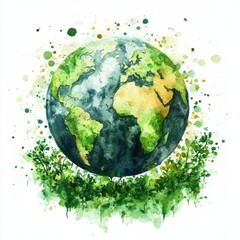 Vibrant Watercolor Earth Illustration Surrounded by Lush Greenery, Perfect for Environmental and Nature Themes
