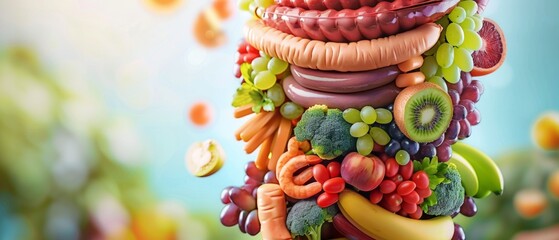 Bright still life of fruits and vegetables folded into a human figure. Suitable for food advertising, websites about healthy lifestyle, cookbook covers.