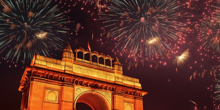 A clock tower with vibrant fireworks exploding in the night sky