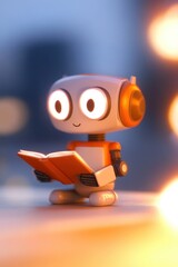 A cute robot child with a surprised expression is reading a book. The robot features bright, glowing eyes and a cheerful design, set against a soft, blurred background.