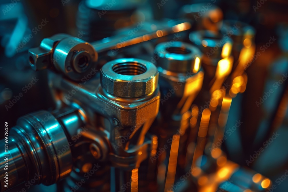 Poster shiny new industrial machine part with threaded nuts and bolts is being assembled in factory
