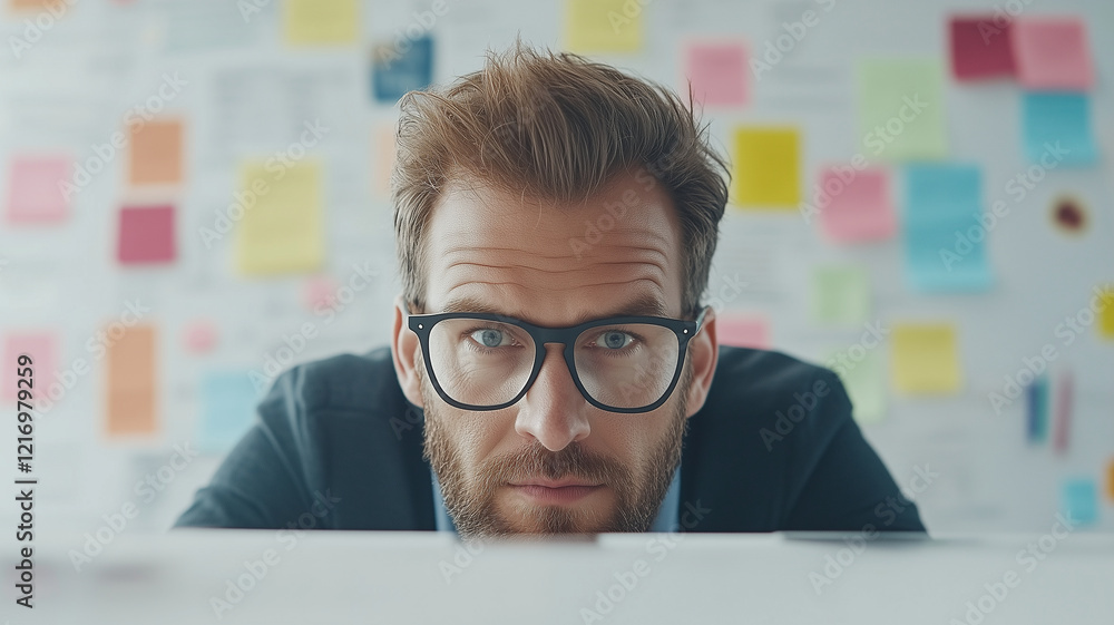 Poster focused man with glasses in creative workspace surrounded by colorful sticky notes, deep in thought 
