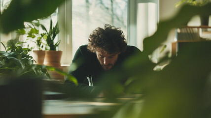 man is focused on work surrounded by lush green plants in bright, airy workspace. natural light enhances serene atmosphere, promoting creativity and productivity