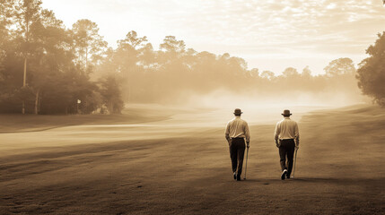 A nostalgic golf tournament scene in sepia, with players in classic 1920s attire walking the fairway. The background reveals a lush golf course bordered by dense forest, gentle mist rising from the gr