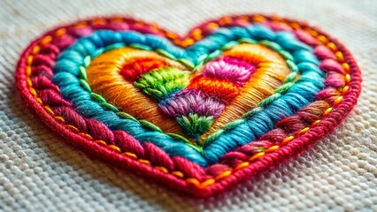 Macro Close-up of Heart Embroidery Patch on Clear Background - Detailed Texture and Stitching