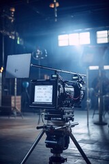 Professional film studio equipped with multiple cameras and lighting gear, where crew members collaborate on an exciting production, highlighting the art of filmmaking and cinematography