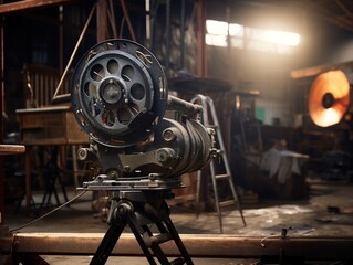 Vintage movie camera on tripod in dimly lit workshop, evoking nostalgia for early filmmaking and capturing cinematic history
