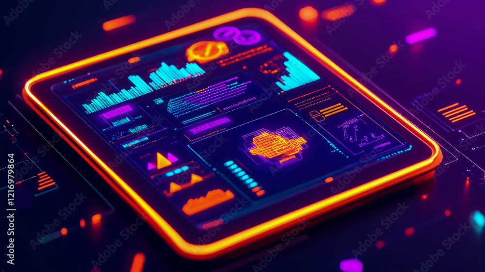 Poster neon-lit tablet displaying futuristic data charts and graphs