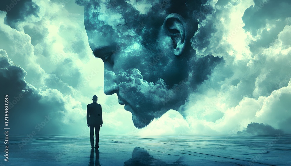 Poster surreal reflection of inner thoughts in a mystical landscape featuring a man standing alone against 