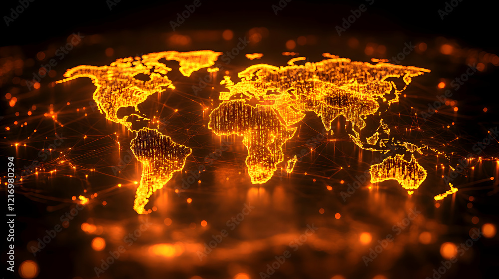 Poster glowing world map: a digital network visualization