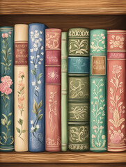 Vintage book collection with decorative spines, floral designs, and colorful covers. Perfect for book lovers and home decor enthusiasts