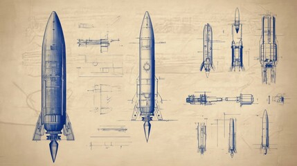 Technical blueprints of a rocket design showcasing various views and components.