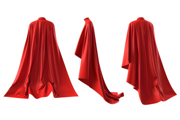 Superhero red cape set, front, back and side view 3d illustration Isolated on white background	