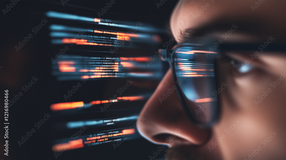 Aufkleber close up of person wearing glasses, focused on glowing code on screen, showcasing technology and pro