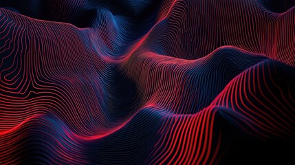 Abstract black background with thin red and blue lines creating wavy patterns