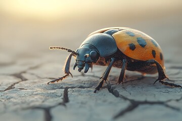 Fototapeta premium Desert Beetle Persistently Rolls Tiny Sphere Across Cracked Earth Symbolic of Life in Harsh Conditions