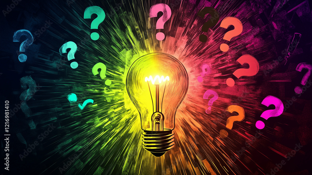 Poster light bulb emitting bright rays of light, surrounded by floating question marks in various colors, a