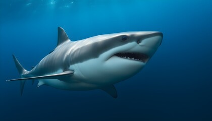 Naklejka premium A close-up of a great white shark swimming gracefully underwater, with sunlight filtering through the water, showcasing its powerful body and sharp teeth. The deep blue ocean background enhances the m