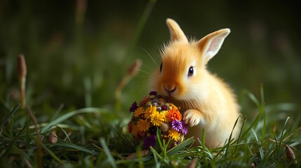 Easter bunny with spring flowers and easter egg on green grass background, Holiday greeting card, copy space.