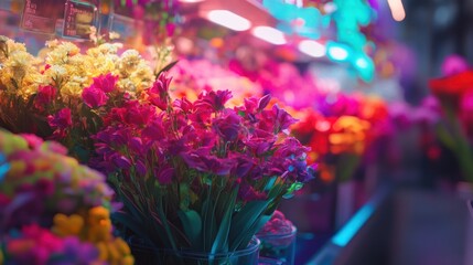 Fototapeta premium Vibrant Flowers Under Neon Lights
