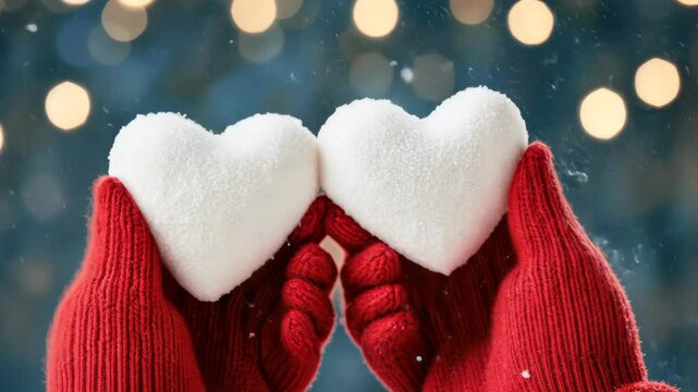 Close up of two hands in red mittens holding heart shaped snowball