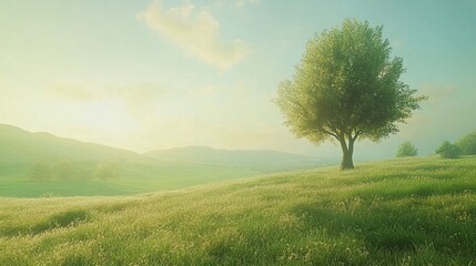 Obraz premium Peaceful meadow landscape with a solitary tree bathed in soft dawn light under a serene morning sky