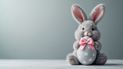 Easter bunny with gray easter egg on festive gray background. Happy Easter greeting card with free space 