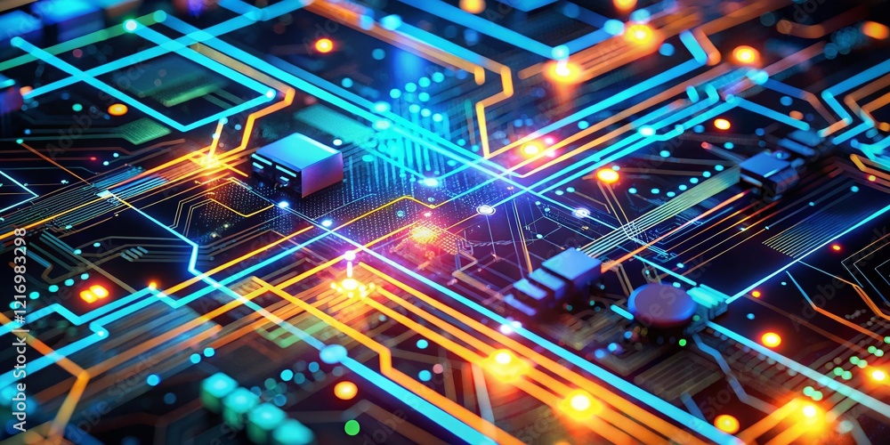 Poster macro photography of futuristic tech hud interface: system innovation concept background