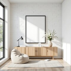 3D Frame Mockup: ISO A Paper Size Poster on Living Room Wall | Modern Interior Design with 3d render