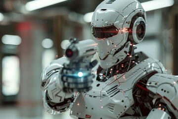 Fototapeta premium Protective virtual codes weave a digital armor around an AI robot, An AI robot defending against cyber attacks, An AI robot is standing in a server room