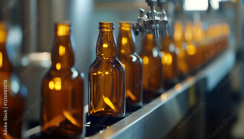 Poster a row of amber glass bottles on an assembly line in a brewery, illustrating the brewing process and 