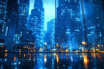 Obraz premium City skyline illuminated by rain during nighttime in an urban environment