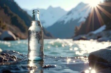 Glass bottle with transparent high-mountain water without labels against the backdrop of a mountain river