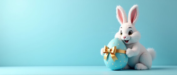 Fototapeta premium Easter white bunny and easter blue egg with white polka dots on blue background. Happy Easter greeting card, Holiday banner with free space for text.