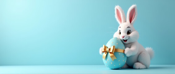 Fototapeta premium Easter white bunny and easter blue egg with white polka dots on blue background. Happy Easter greeting card, Holiday banner with free space for text.