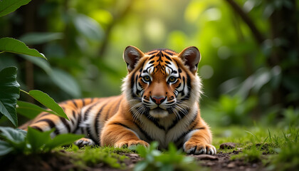 Obraz premium Baby Tiger Lounging in a Lush Green Jungle with Dappled Sunlight 