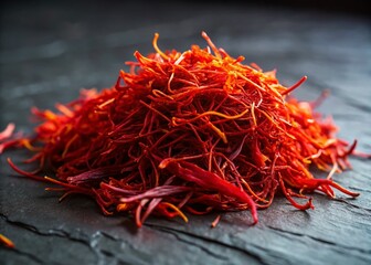 Fototapeta premium Macro Photography: Saffron Crocus Threads on Black Slate - Exquisite Spice Detail