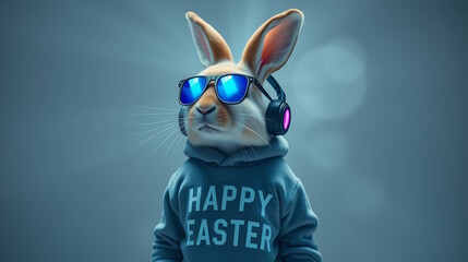 Easter bunny in sunglasses and hoodie with HAPPY EASTER lettering	