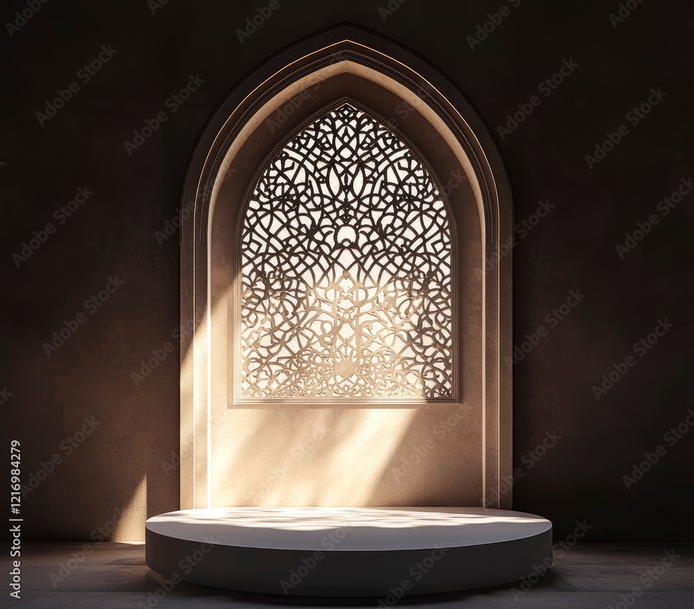 Poster 3d rendering of an islamic arch with arabesque patterns. the background is dark, and the light shine