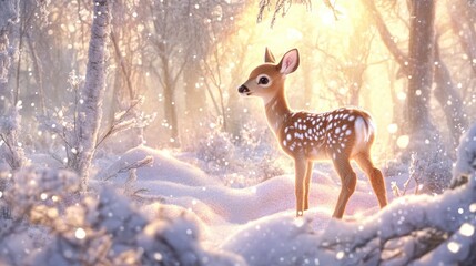 Fawn in Winter Wonderland: A Serene, Snowy Forest Scene