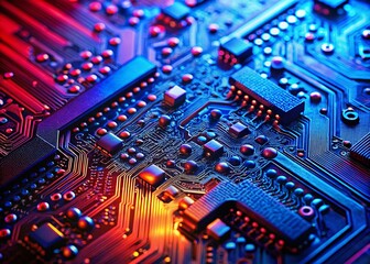 Fototapeta premium Macro Photography: Vibrant Circuit Board, Red & Blue Tech Background