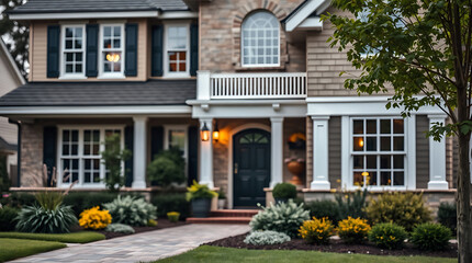 Naklejka premium Luxury House Exterior at Night: Beautiful Home Design and Landscaping