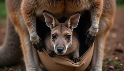 Kangaroo joey peeking out of mother's pouch in calm, loving atmosphere with soft depth of field