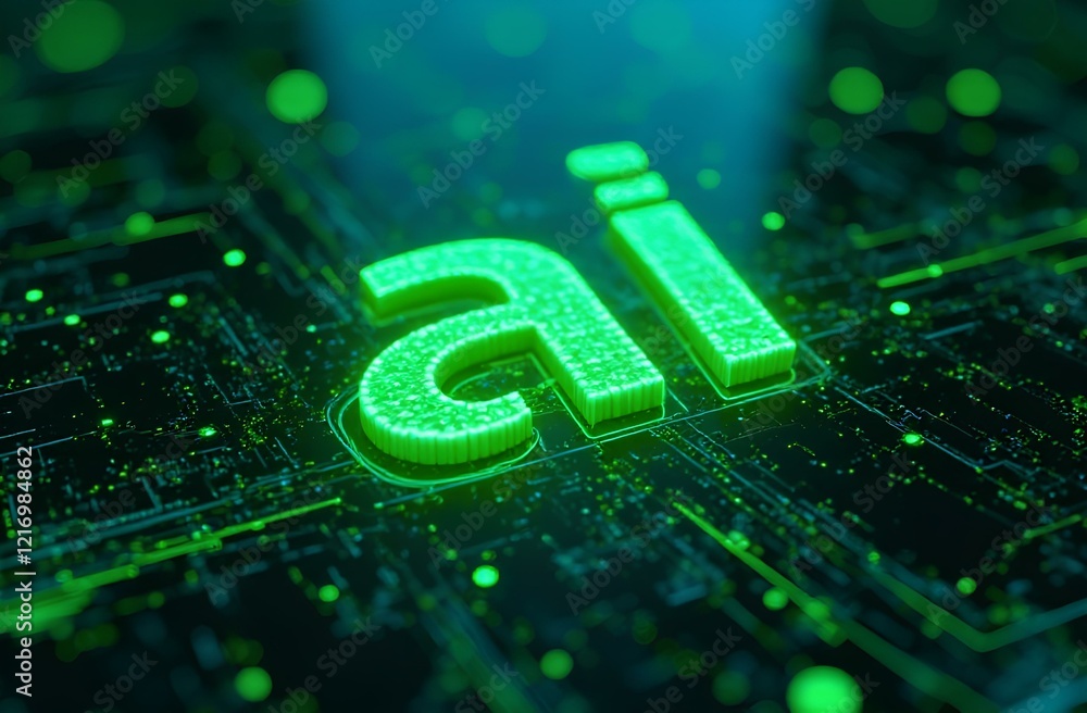 Poster glowing green ai text with a futuristic and digital aesthetic, illuminated in a dark setting. a bann