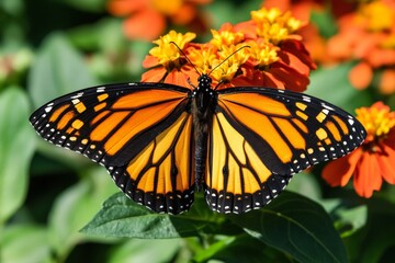 Fototapeta premium Monarch butterfly resting on vibrant orange flowers in a lush garden during sunny afternoon