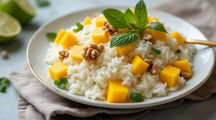 plate of rice porridge with coconut milk, mango, and walnuts