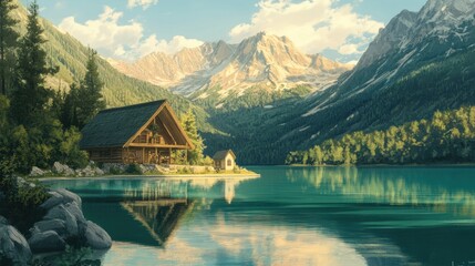 Fototapeta premium Scenic river view with quaint village nestled among lush mountains 