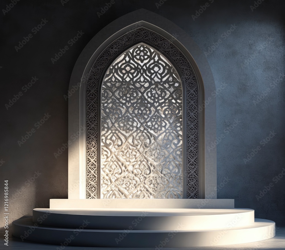Poster 3d rendering of an islamic arch with arabesque patterns. the background is dark, and the light shine