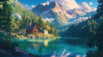 Fototapeta premium Scenic river view with quaint village nestled among lush mountains 