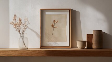 A rare pressed botanical artwork framed in minimalist glass, placed on a wooden shelf picture